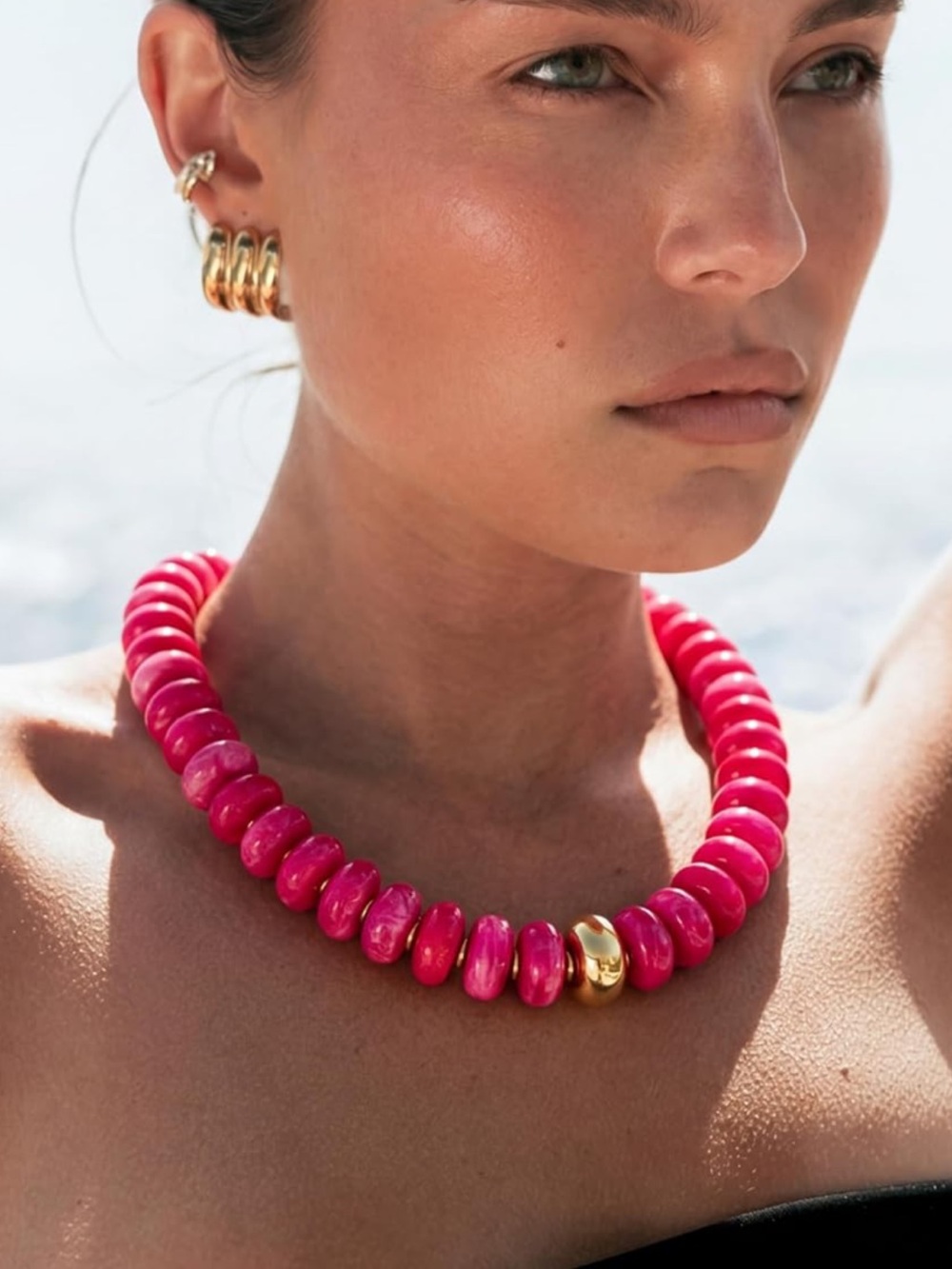Dopamine Hot Pink Beaded Necklace with Gold Accent
